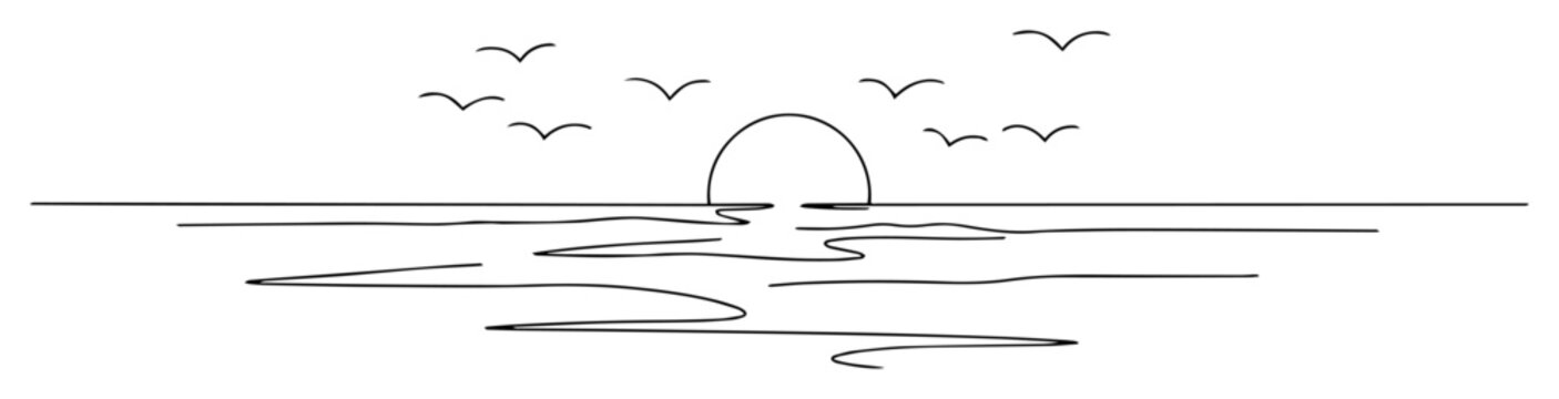 sunset over sea with birds outline vector illustration