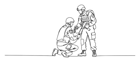 soldier helping comrade kneeling outline minimal vector