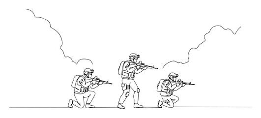 soldiers crouching and aiming in action outline vector