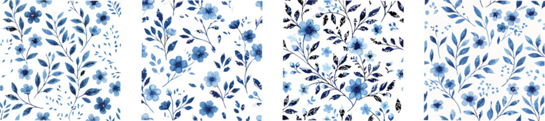 Seamless floral pattern featuring small blue flowers and indigo leaves on a stark background, ideal for luxury fabric, wallpaper, fashion textiles, and elegant interior decoration