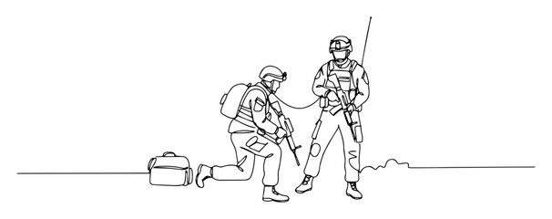 soldier with radio and kneeling comrade outline vector