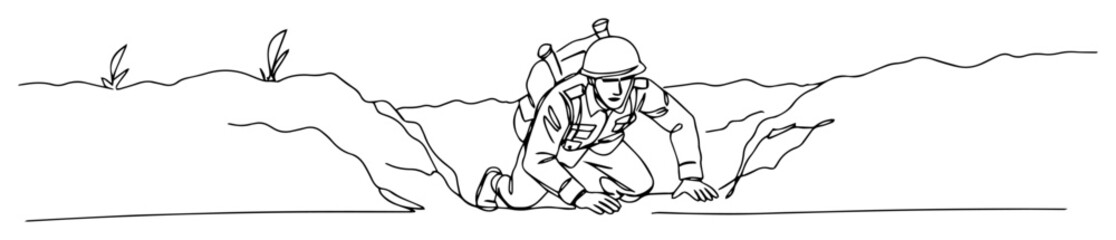 soldier entering trench outline minimal vector