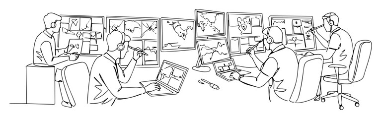 command center with officers and monitors outline vector