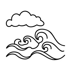 Black line art cloud and ocean waves on white background