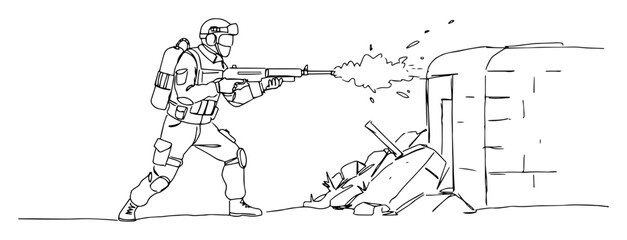 soldier firing at bunker in combat outline vector