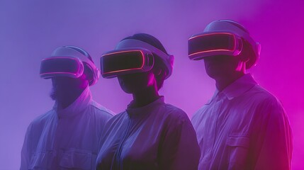 Virtual Reality people  in neon light engaging with air while gaming. virtual reality game, wearing VR headset that offers a 360-degree experience, set against a dark background illuminated by vibrant