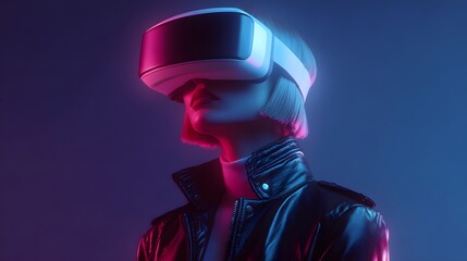 Virtual Reality people  in neon light engaging with air while gaming. virtual reality game, wearing VR headset that offers a 360-degree experience, set against a dark background illuminated by vibrant