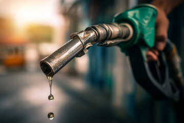 Close-up of a fuel nozzle dripping oil, highlighting its green-painted metal and the hand gripping it, with the blurred backdrop of a busy gas station in soft focus.
