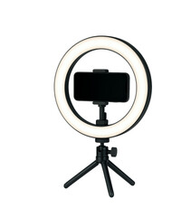 Versatile LED Ring Light with Adjustable Phone Holder and Stable Tripod Base for Enhanced Photography and Videography, Isolated on Transparent and White Background