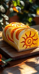 A delicious swirling roll cake, carved with the symbol of the sun, placed on an outdoor table.