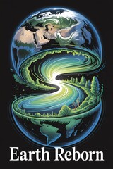 Artistic depiction of Earth's renewal with lush landscapes and flowing energy. Vibrant and hopeful.