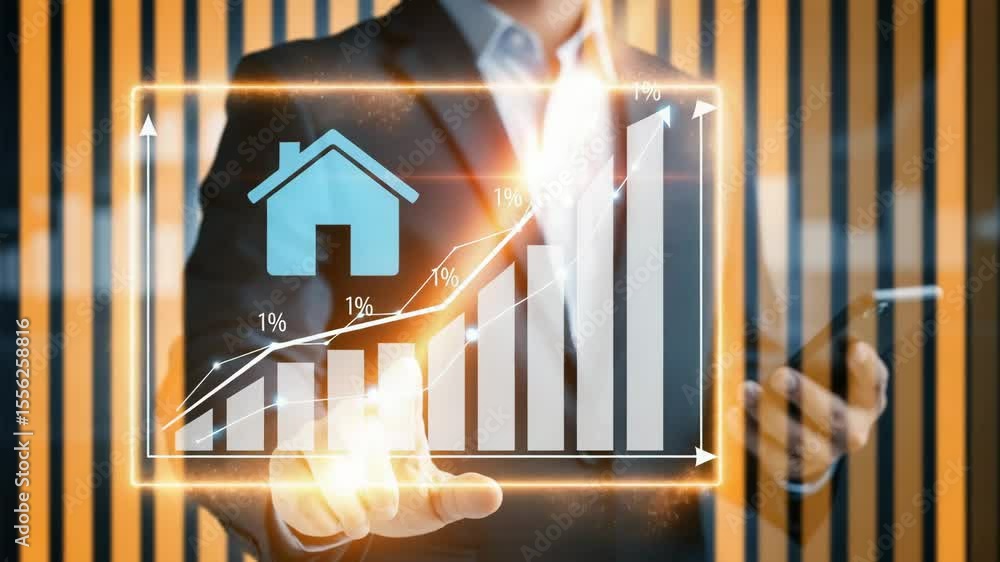 Poster a person in a suit interacting with a rising bar graph with a house icon and percentage signs