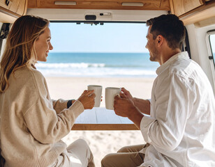 Photo realistic. Close up view of van life couple. Happy couple in beige natural clothing smiling, sit on van wood furniture looking out the back of the van. Van is by the sea on sand.
