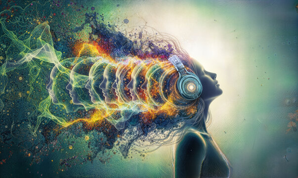 Woman with headphones, mind expanding with colorful energy.