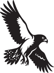 Falcon in flight powerful silhouette vector, Bird of prey flying black and white art