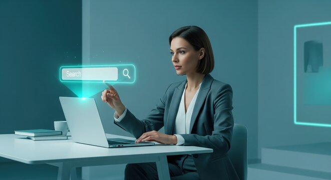 Woman Using Holographic Search Bar UI - Powered by Adobe