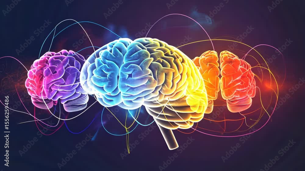 Poster abstract creative flow of ideas represented as colorful lines connecting multiple brains, vibrant co