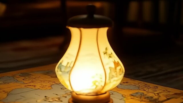 Illuminated Nostalgia: Still Life with Vintage Lamp on a Decorative Map