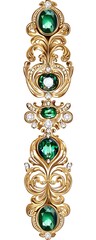 Detailed image of an antique gold bracelet with three green emeralds and a white diamond set in the center.