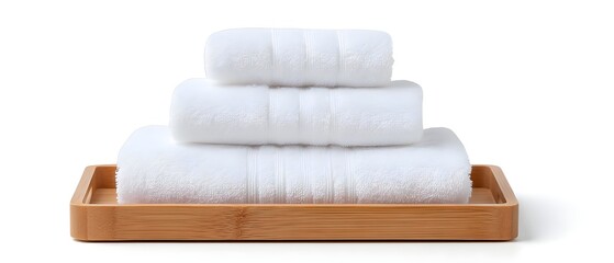 Soft white towels neatly arranged on a bamboo tray