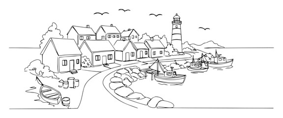 coastal village with lighthouse and boats