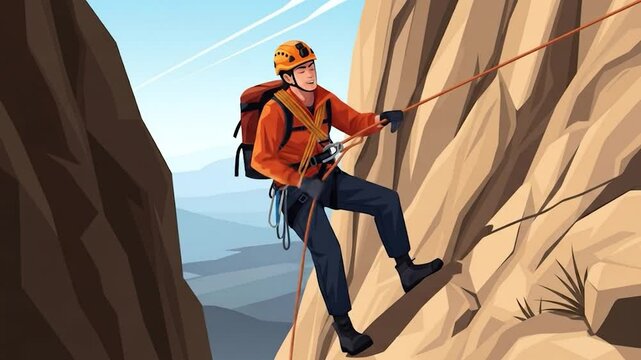 Animated Rock Climber Ascending Cliff Face with Rope and Gear in Mountainous Landscape