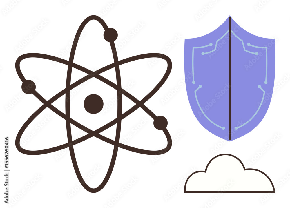 Poster atomic model, shield with circuits, and cloud symbolizing science, security, cloud computing, innova
