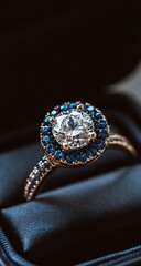 A diamond ring in an open denim box, macro photography
