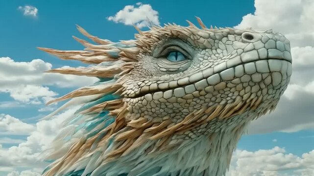 Magnificent Sky Dragon Gazing Upwards Against a Cloudy Azure Backdrop