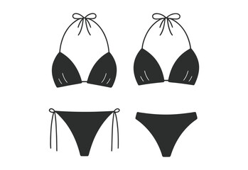 Two simple black bikini sets with tie straps on a white background