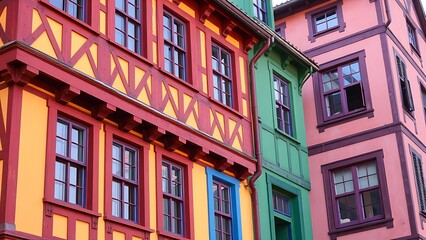 Obraz premium Colorful historic buildings with detailed timber framing, showcasing architectural beauty in daylight.