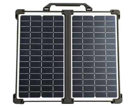 Portable and foldable solar panel charger for renewable energy on the go on a transparent background - Powered by Adobe
