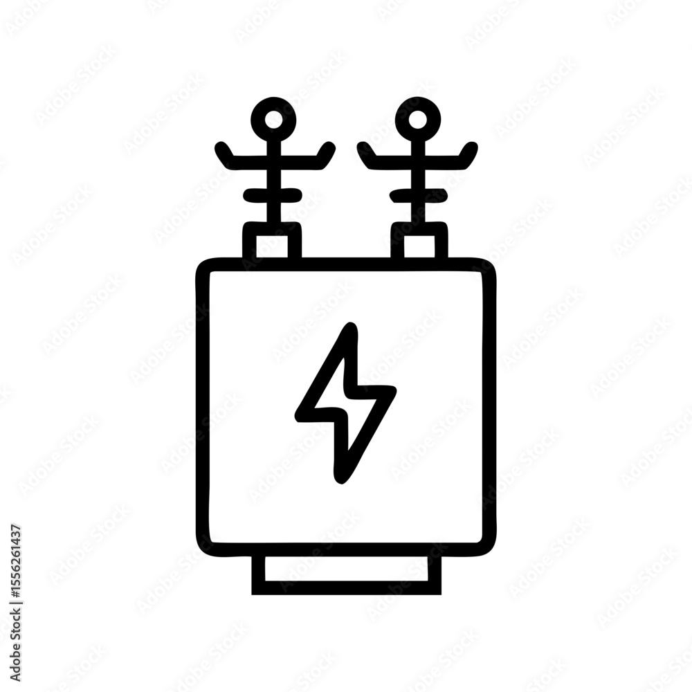 Poster electric transformer device with lightning symbol and two terminals. electrical power distribution c