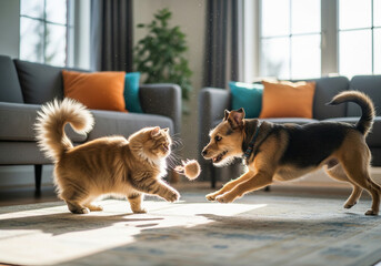 Naklejka na ściany i meble Cute dog and cat playing together with a toy indoors. Harmony between pets and happy home life