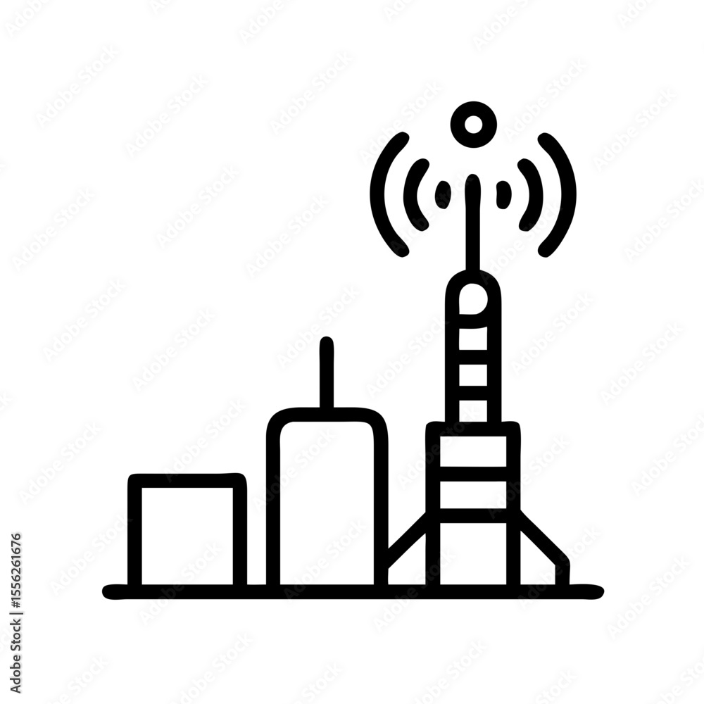 Poster signal tower broadcasting wave network in cityscape. communication, global connection concept. vecto