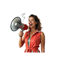 Happy Woman Announcing with Megaphone, Making Announcement, Public Speaking