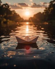 A paper boat floating calmly on water during golden hour sunset, cinematic dreamy mood