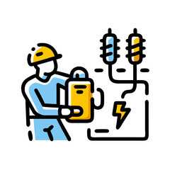 Man electrician working on electrical power meter and electricity for home and office. Repair, maintenance and installation concept. Vector icon for app, web.