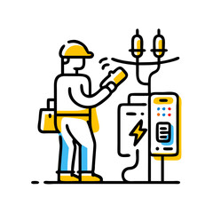 A man electrical engineer or electrician working, performing maintenance on power lines. Vector icon for profession, service