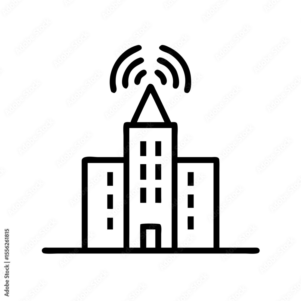Poster building with wireless internet signal waves. modern telecommunication technology. outline style ico