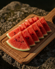 Macro shot of neatly arranged triangular watermelon slices on a wooden chopping board in the afternoon sunlight.