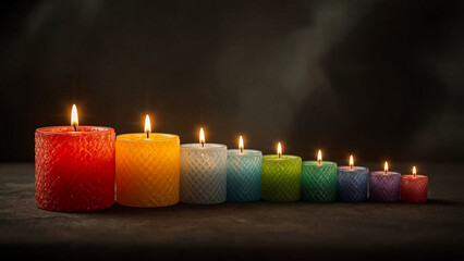 a cinematic photo of a visually striking array of colorful candles in various sizes