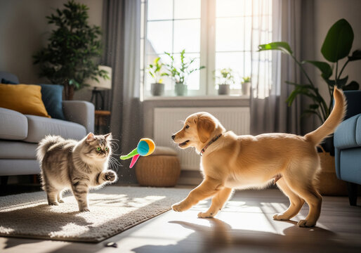 Cute dog and cat playing together with a toy indoors. Harmony between pets and happy home life