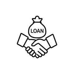 Icon depicting a handshake with a money bag labeled 'loan', representing a financial agreement.