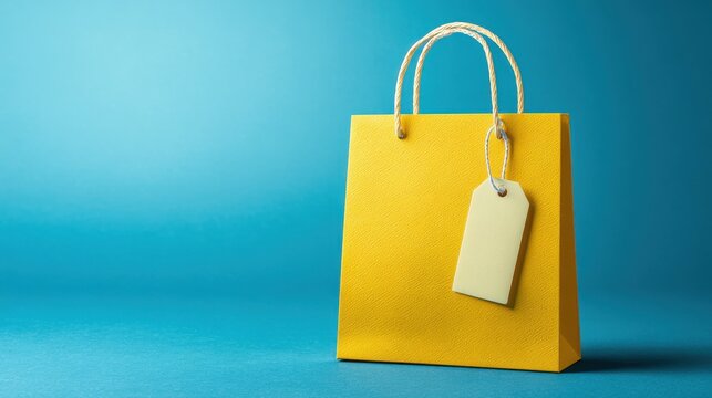 Single yellow gift or shopping bag with blank label tag isolated on blue background.