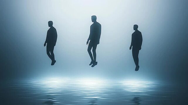 three floating silhouettes above surreal glowing water
