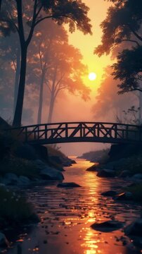 Journey through a fog-covered forest as twilight casts eerie shadows on a bridge. Paranormal legends