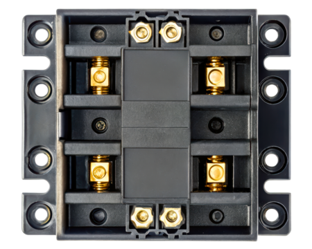 Industrial electrical magnetic contactor with multiple brass terminals on a transparent background