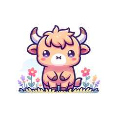 Cute cartoon Cow sitting in a meadow full of flowers. A playful illustration of a charming young cow, surrounded by vibrant flowers, symbolizing nature's beauty.