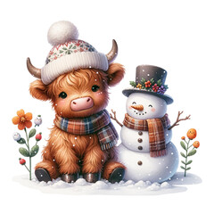 Winter's Embrace: A charming highland cow and snowman create a heartwarming winter scene, nestled in a snowy wonderland, each adorned in cozy winter wear.